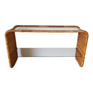 Vintage Two Tier Rattan and Glass Top Waterfall Console Table For Sale