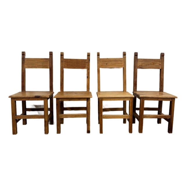 Vintage Mexican Primitive Rustic Style Pine Dining Chairs - Set of 4 For Sale