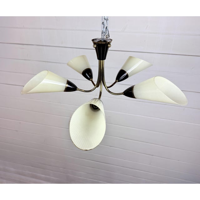 1960s Mid-Century Modern 5-Arm Brass Chandelier with White Glass Cone Shades, 1960s For Sale - Image 5 of 9