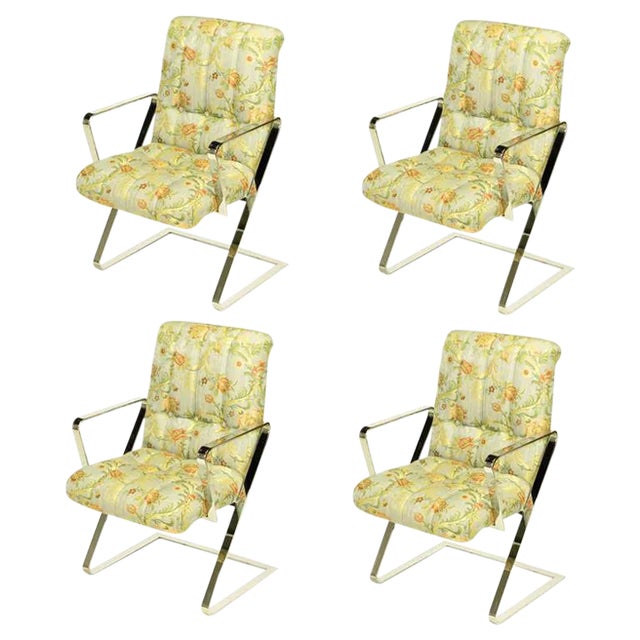 Four Channeled & Button Tufted Chrome Z-Frame Dining Chairs For Sale