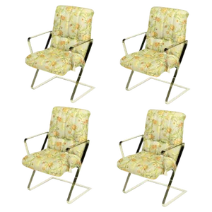Four Channeled & Button Tufted Chrome Z-Frame Dining Chairs