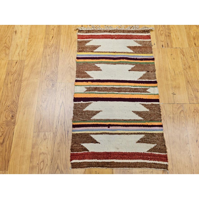 1900 - 1909 Vintage Native American Navajo Area Rug, Handwoven Wool, Geometric Band Pattern, Ivory, Rust, Purple, Yellow, 2x3 For Sale - Image 5 of 14