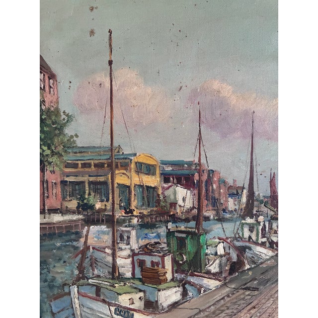 Vintage Original Scandinavian Harbor Oil Painting For Sale - Image 6 of 16