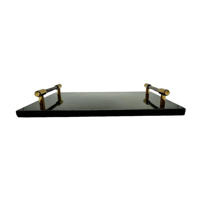 Beautiful black granite tray with silver and gold handles.