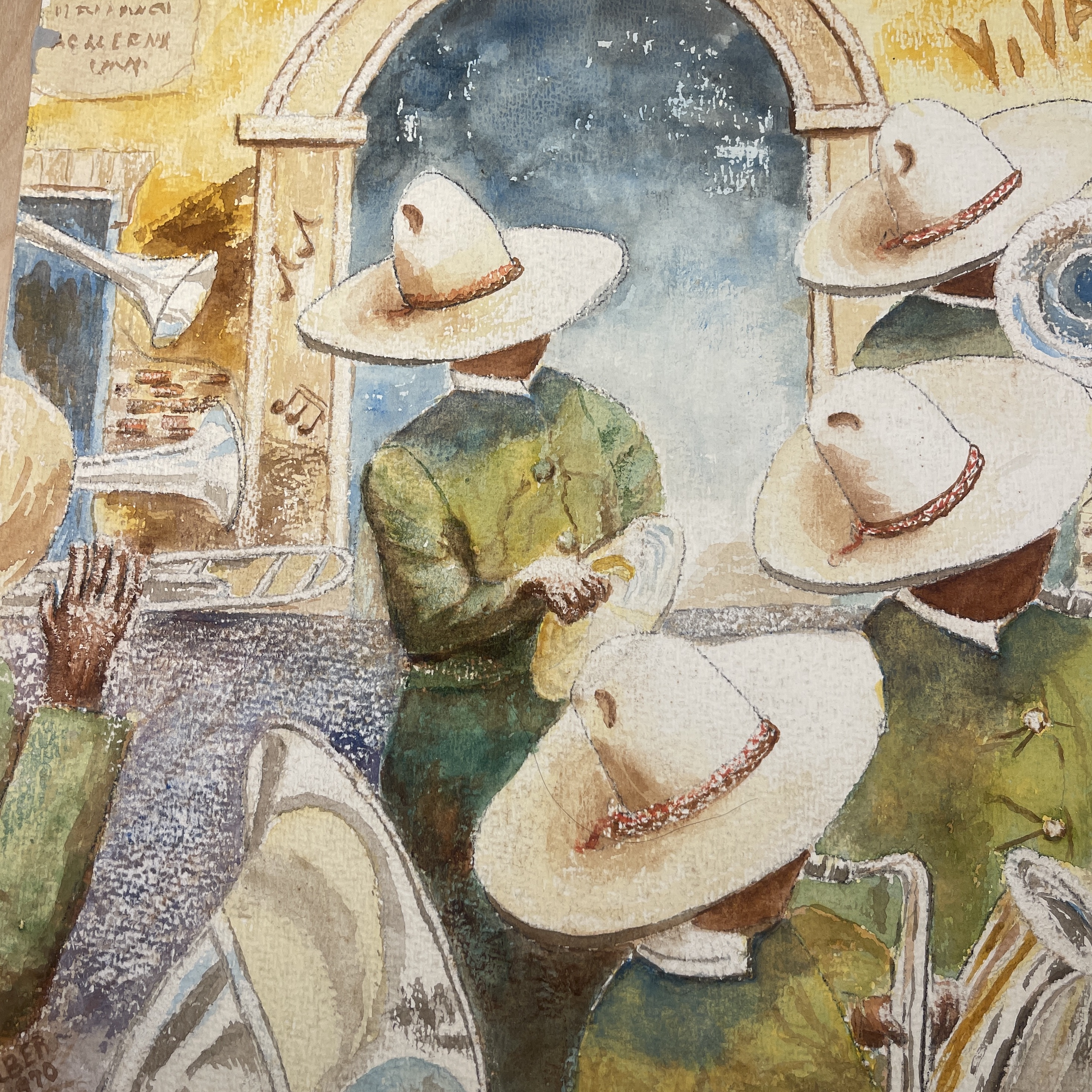 絵画 70s Mexico art La Música” – 1970 Original Watercolor Painting, Signed Wilber