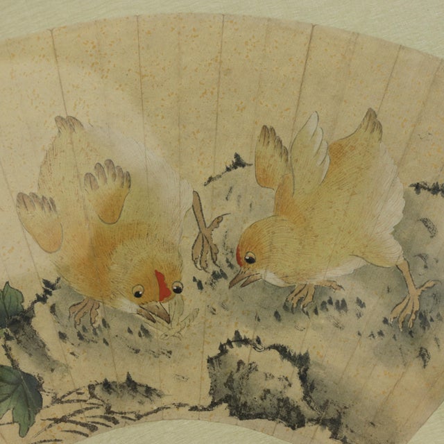 Chinese Vintage Chinese Fan Painting Chicks Catching Bugs With Pink Flowers Framed Ink and Color on Paper With Calligraphy For Sale - Image 3 of 11