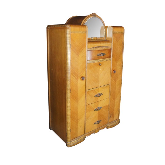 Mid century Art Deco Waterfall style mirrored chifforobe cabinet / secretary / vanity desk / clothing armoire. Made of...