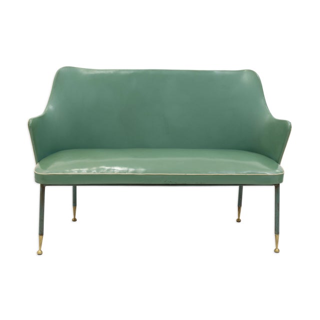 Mid-Century Modern Vintage Green Vinyl Two-Seat Bench With Brass Tipped Metal Legs For Sale - Image 3 of 8