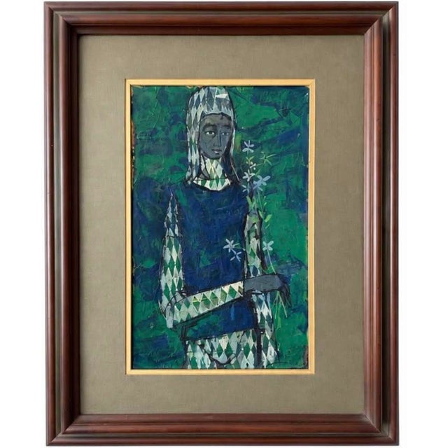Blue Mid Century Mixed Media Double Matte Harlequin Painting Signed Framed For Sale - Image 8 of 8