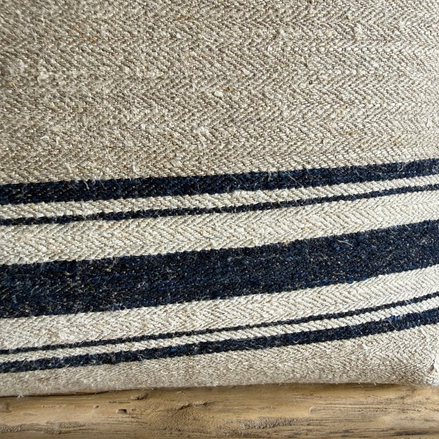 Mid-Century Modern Vintage Grainsack Flax and Indigo Stripe Lumbar Pillow With Down Insert For Sale - Image 3 of 6