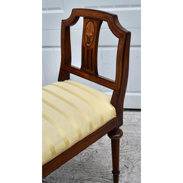 Antique Regency Walnut Vanity Bench Double Arm Inlaid Wood Gold Stripe 1910s For Sale In Philadelphia - Image 6 of 13