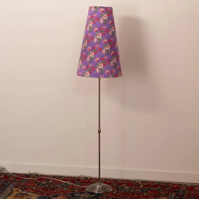 Vintage Chrome Floor Lamp with Handmade Purple Floral Decorated Shade, Italy For Sale - Image 6 of 13