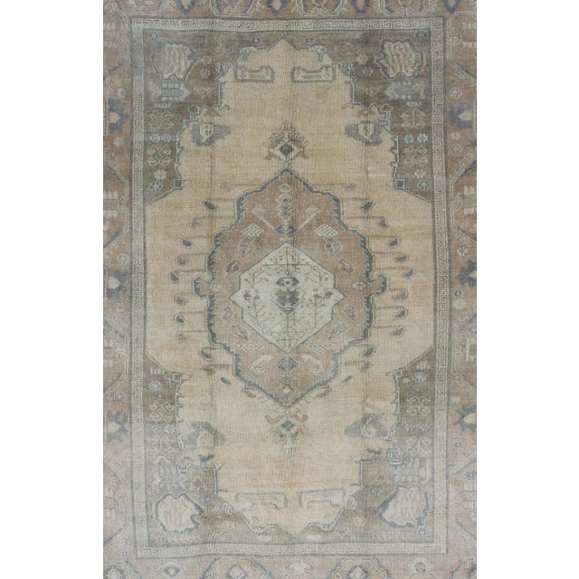 Vintage Turkish Oushak Rug With Medallion in Cream Background, Gray Green & Camel For Sale - Image 4 of 8