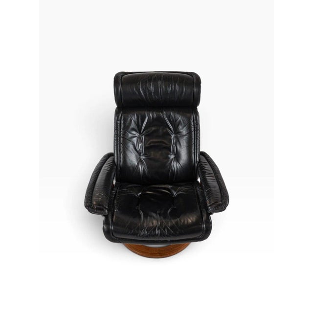 Mid-Century Modern Ekornes Stressless Recliner & Ottoman Black Leather With Teak Ring Base C. 1970s For Sale - Image 3 of 5