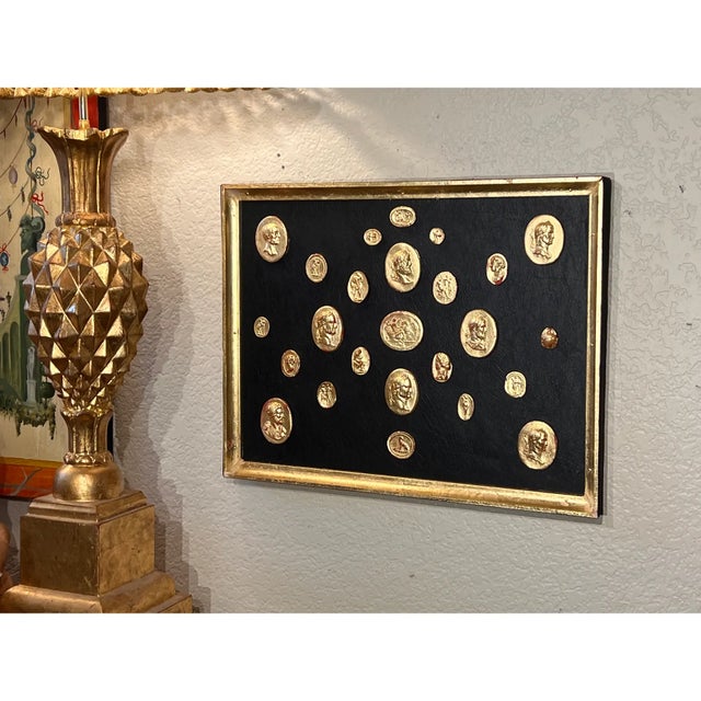 Black Grand Tour Neoclassical Gilded Collection of Classical Intaglio and Cameo on the Leather Ground With Gilt Frame For Sale - Image 8 of 10