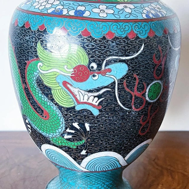 Black Antique Chinese Cloisonné Vase in Black Depicting Double Dragons For Sale - Image 8 of 11