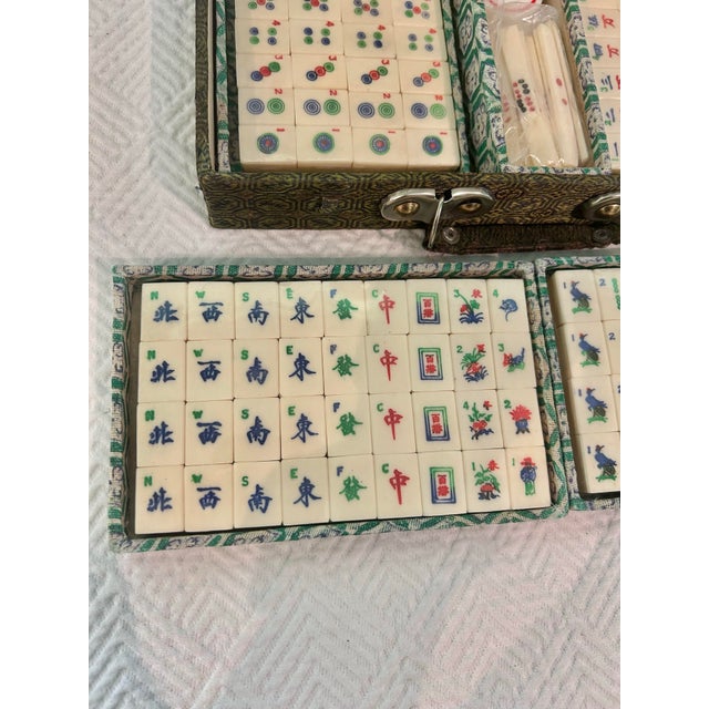 Vintage Chinese Bone & Bamboo Mah Jong Set in Silk Brocade Case With Original Booklet & Wrapped Tiles For Sale - Image 9 of 15