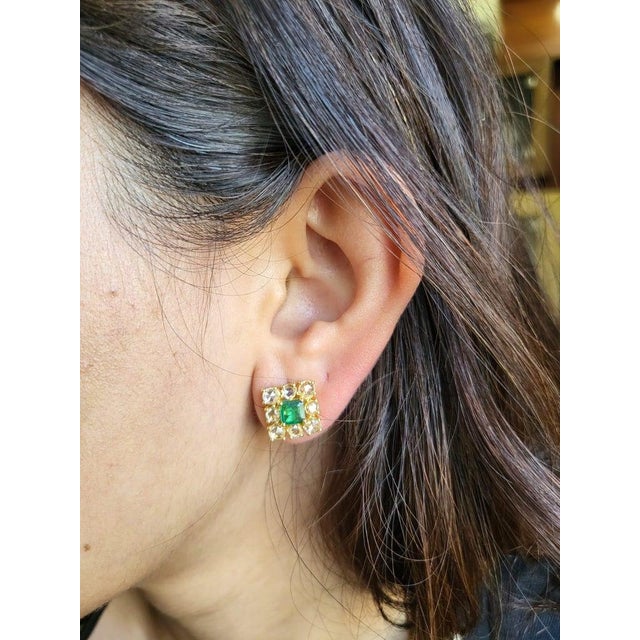 Metal Set in 18k Gold, Natural Zambian Emerald & Yellow Rose Cut Diamonds Stud Earrings, Pair For Sale - Image 7 of 7