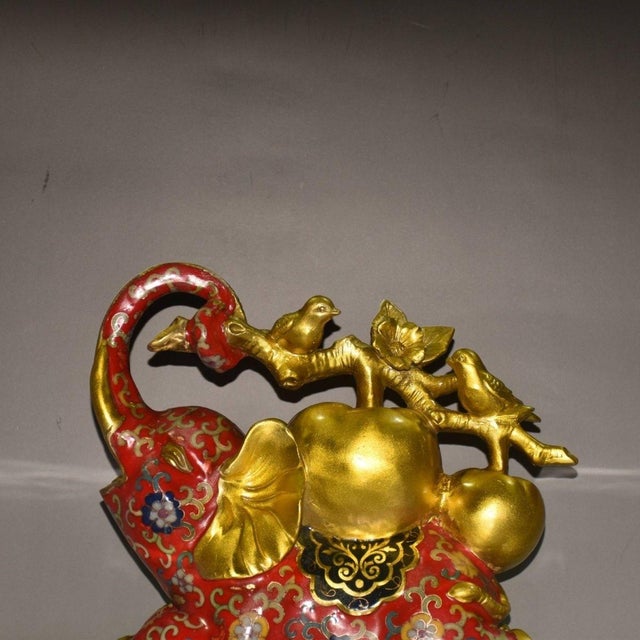 Metal Vintage Cloisonné Elephant Statue With Golden Apples, Birds, and Floral Motifs For Sale - Image 7 of 9
