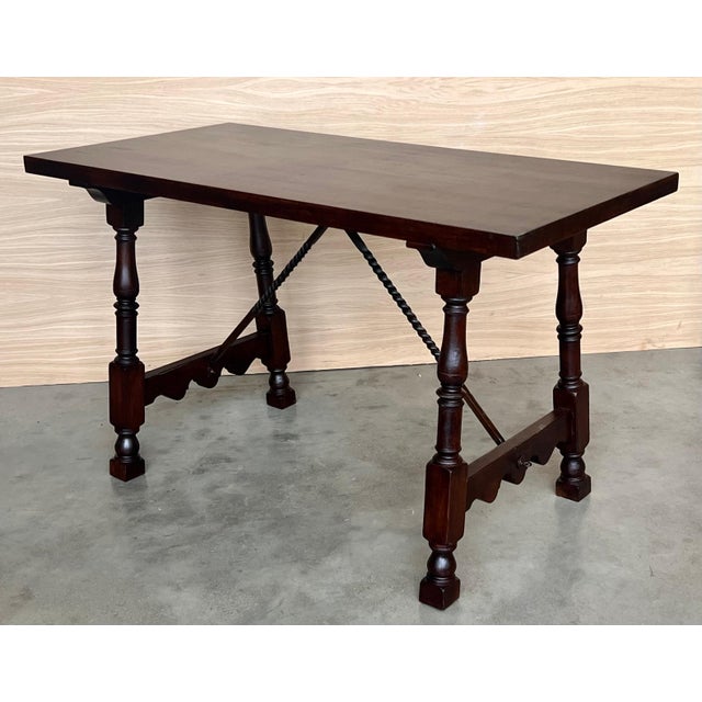 Mid 19th Century 19th Spanish Side Table with Cared Turned Legs and Iron Stretcher For Sale - Image 5 of 18