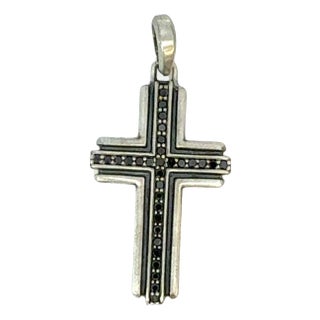 1990s David Yurman Black Diamond Cross Pendant Sterling Silver Estate For Sale