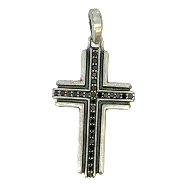 1990s David Yurman Black Diamond Cross Pendant Sterling Silver Estate For Sale