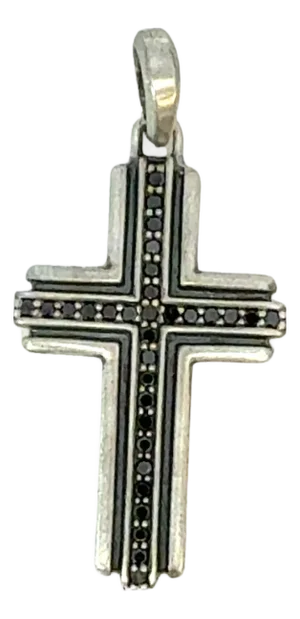 1990s David Yurman Black Diamond Cross Pendant Sterling Silver Estate
