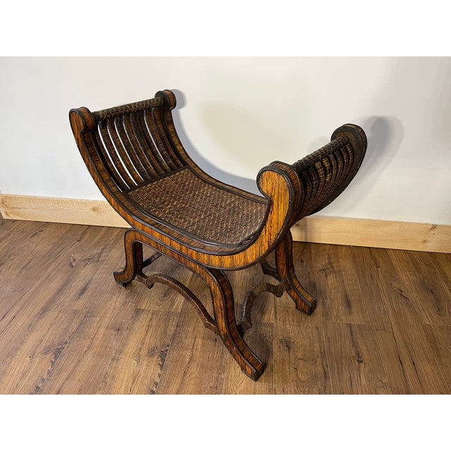 Offered for your consideration, a neoclassical style “gondola” bench with wooden frame covered with split reed bamboo.