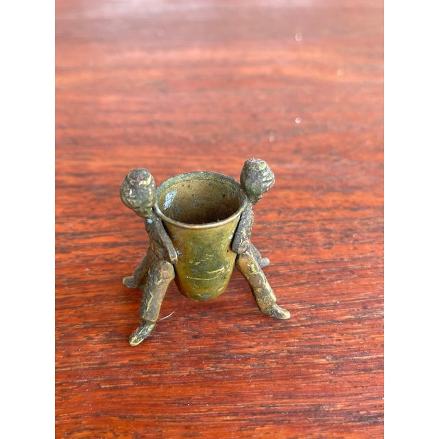 1960s 1960s Folk Art Brass Toothpick/Match Holder Thimble Basket Held by 2 Turkish Workmen For Sale - Image 5 of 5