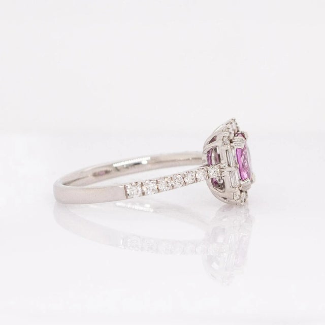 2020s 1ct Pink Sapphire Ring With Natural Diamond Halo: Solid 14k White Gold | 6mm For Sale - Image 5 of 7