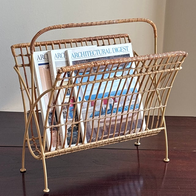 Mid-Century Modern 1950s Bamboo & Rattan Openweave Magazine Rack W/ Iron Base For Sale - Image 3 of 18