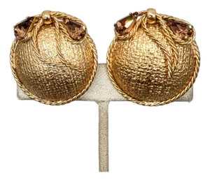 Vintage 1950s Signed Napier Round Domed Goldtone & Faux-Topaz Ribbon Clip Earrings-2 Pieces