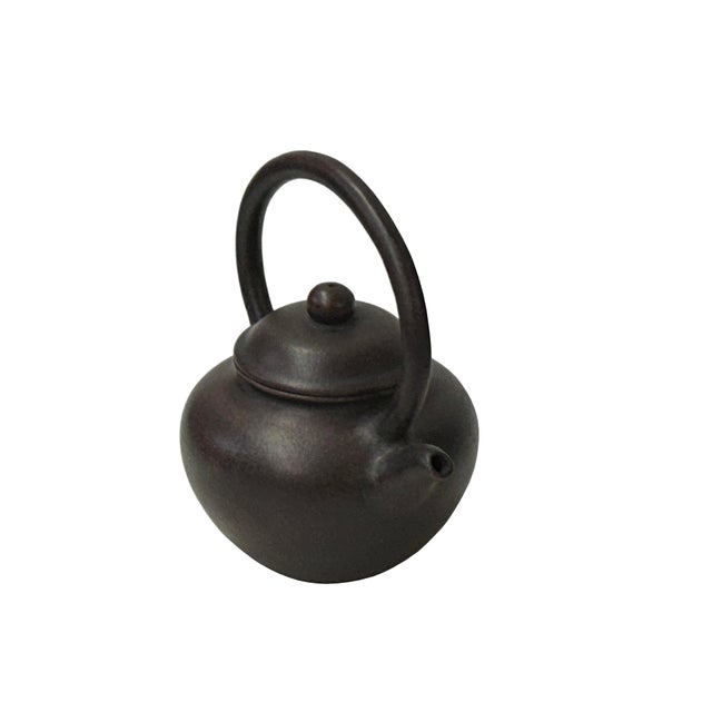 Chinese Handmade Dark Brown Zisha Clay Arch Handle Display Teapot Art For Sale - Image 9 of 13