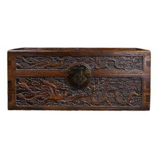 1980s Relief-Carved Hardwood Treasure Box, Chinoiserie Dragon Phoenix Jewelry Storage Chest For Sale