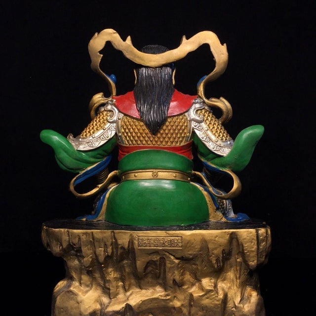 Printmaking Materials Antique Chinese Polychrome Gilt Bronze Daoist Deity Zhenwu (Xuanwu) Seated Statue For Sale - Image 7 of 9
