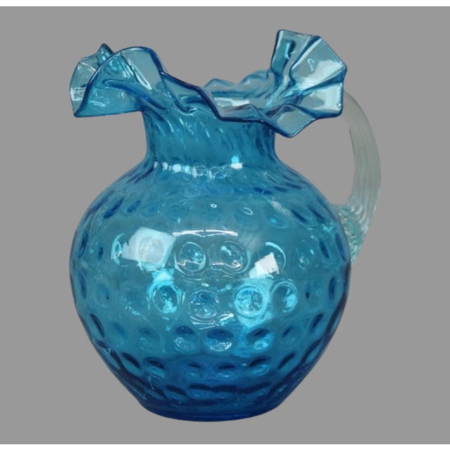 Antique Victorian Blue Coin Spot Ruffle Top Art Glass Water Pitcher W Applied Handle For Sale - Image 4 of 6