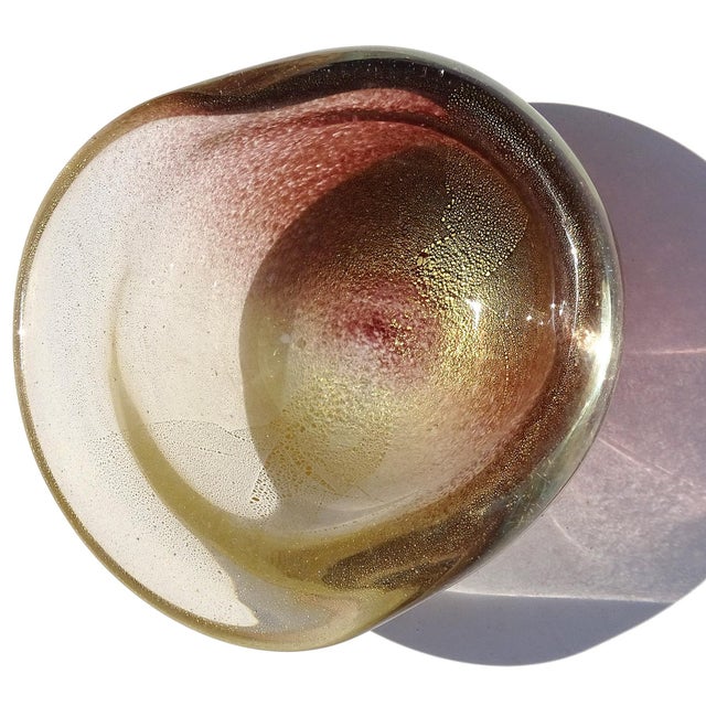 Beautiful vintage Murano hand blown dark amethyst / cinnamon and gold flecks Italian art glass decorative shell vide-poche...
