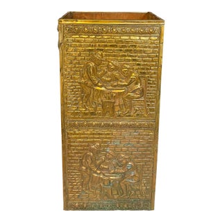 Late 19th Century English Repoussé Brass Umbrella Stand With Figural Tavern Scene Relief For Sale