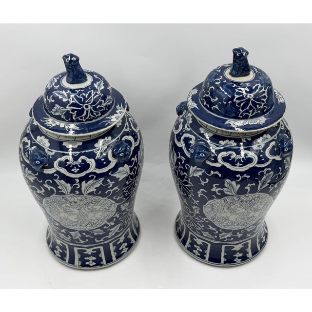 Blue Mid 20th Century Pair of Chinese Style Blue and White Porcelain Temple Ginger Jars For Sale - Image 8 of 18