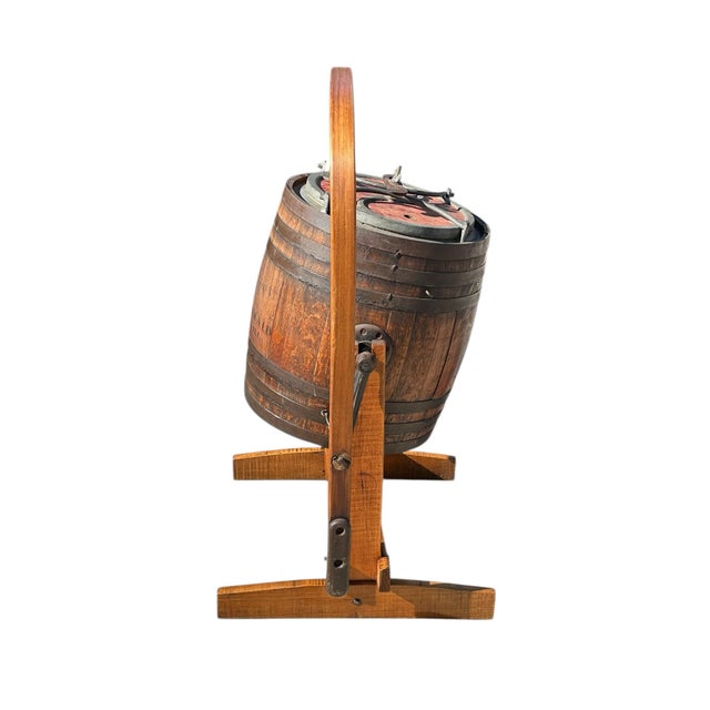 Wood Antique Oaken Barrel Butter Churn on Tiger Maple Frame Showroom Quality For Sale - Image 7 of 12