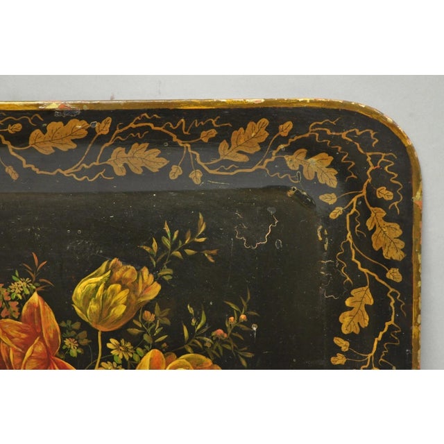 Early 20th Century Antique French Country Tole Metal Hand Painted Floral Large Serving Platter Tray For Sale - Image 5 of 15