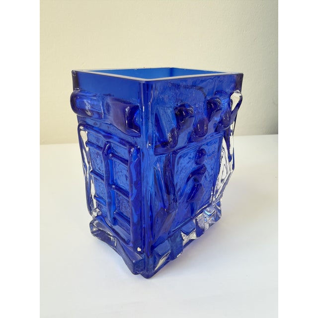 Glass Cobalt Blue Pressed Glass Vase by Josef Schott for Smålandshyttan, Sweden, 1960s For Sale - Image 7 of 18
