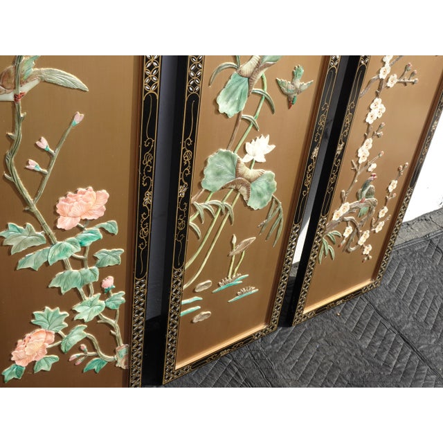 Vintage Oriental Asian Gold Four Panel Screens - Set of 4 For Sale - Image 9 of 13