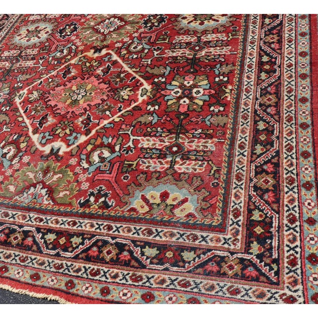 Red Mid 20th Century Semi Antique Persian Mahal Rug With Medallion Design in Jewel Tones For Sale - Image 8 of 13