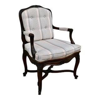 Carved Wood Armchair French Style Cane Back Accent Striped 60s For Sale