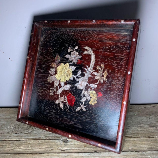 Vintage Chinese Zitan Wood Tea Tray | Mother-of-Pearl Inlaid Bird & Flower Motif For Sale In Los Angeles - Image 6 of 9