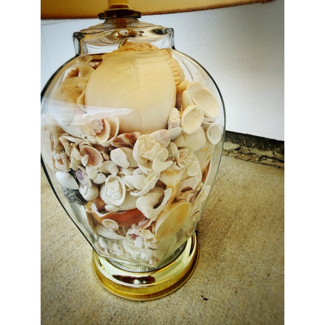Vintage Coastal Seashell-Filled Glass Table Lamp With Burlap Shade For Sale In Atlanta - Image 6 of 12