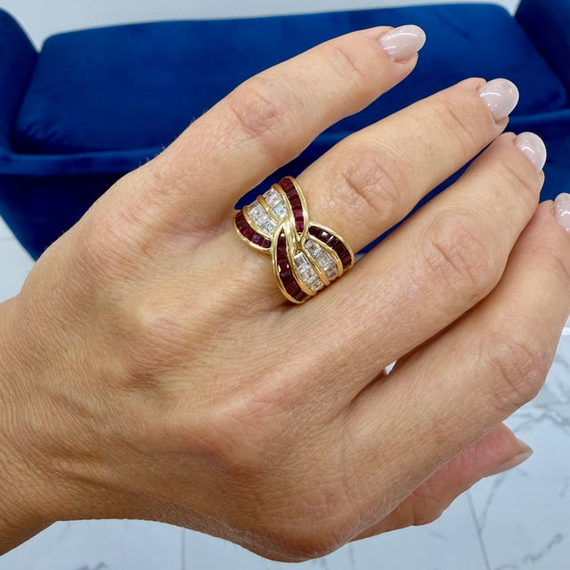 Gold Vintage 18k Yellow Gold 2.63ctw Invisible Ruby Baguette Diamond Crossover Band, Size 6 For Sale - Image 8 of 8