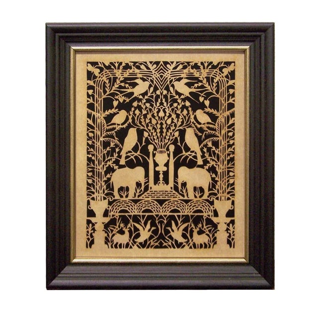 American Paired Birds and Elephants Scherenschnitte Paper Cutting in Black Frame With Gold Trim For Sale - Image 3 of 3