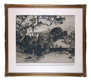 Albert Ernst, View of a Coastal Town, 20th Century, Etching, Framed